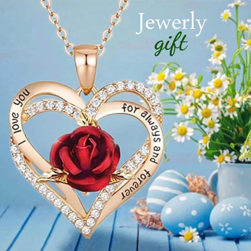 Elegant Women's Heart and Rose Pendant Necklace with Cross and Bow Design - Ideal Gift for Valentine's and Anniversaries