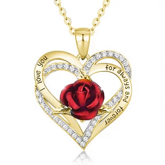 Elegant Women's Heart and Rose Pendant Necklace with Cross and Bow Design - Ideal Gift for Valentine's and Anniversaries